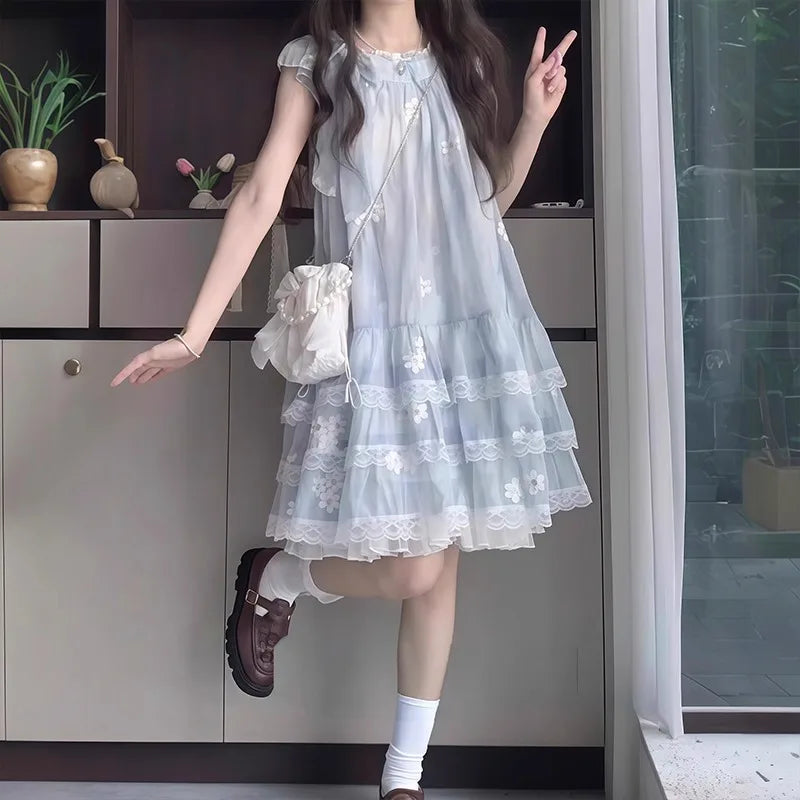 2026 summer Kids Girls SKY BLUE lace sleeveless mesh floral Princess Teenager New layered Dress Clothing 3 4 8 9 12 14 Years