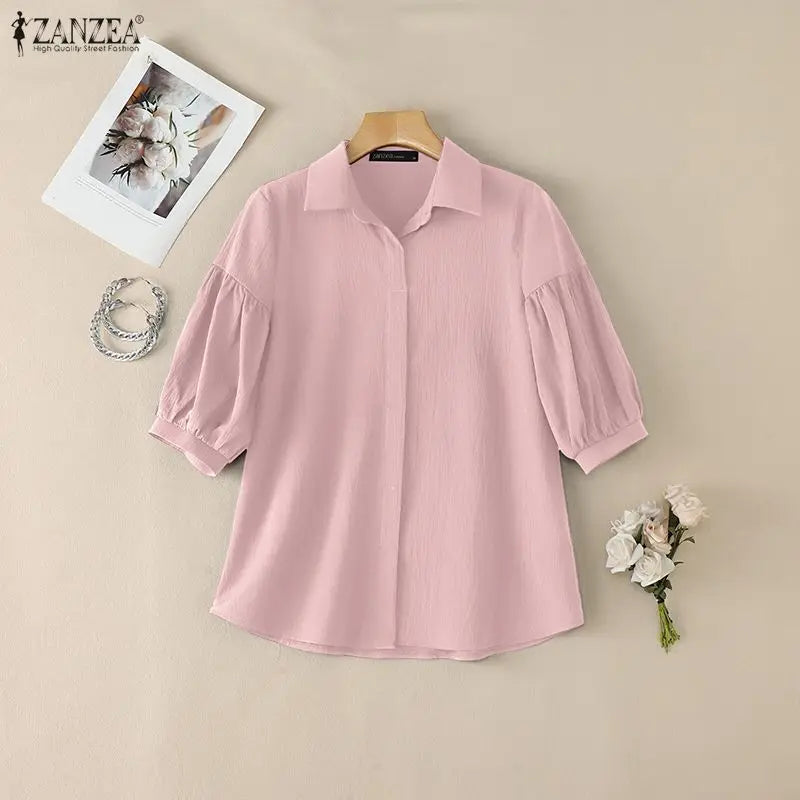 ZANZEA Women's Crinkled Fabric Casual Shirts Turn-Down Collar Half-Buttons 3/4 Lantern Sleeve Blouses Minimalist Solid Color Top