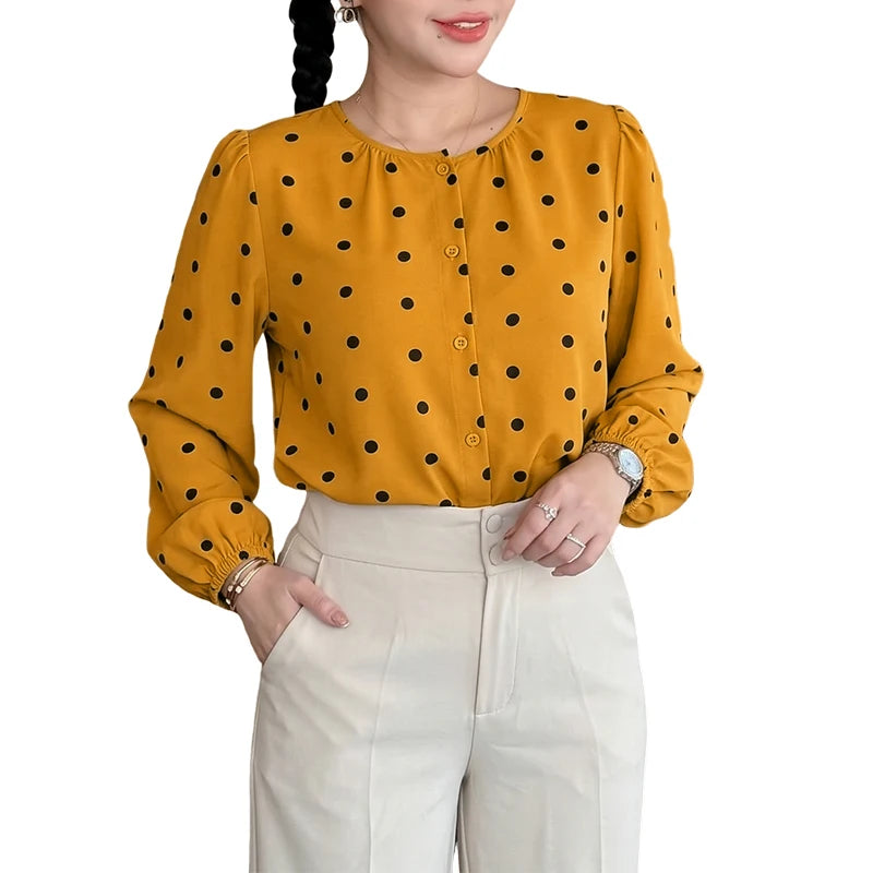 ZANZEA Women Polka Dot Fashionable Blouses O-Neck Lantern Sleeves Button Up Shirt 2026 Spring Fall Daily Casual Camisas de Mujer