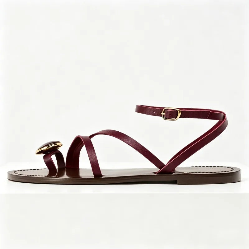 Luxury Rhinestone Decoration Brand Flat Sandals Women Fashion Ankle Strap Metal Buckle Designer Shoes Sexy Clip Toe Flip Flops
