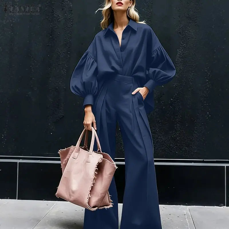 ZANZEA Women's Elegant Chic Pant Suits Lantern Sleeve Shirt & Wide Leg Pant 2 Pieces Sets Oversized Pant Sets Outfits Streetwear