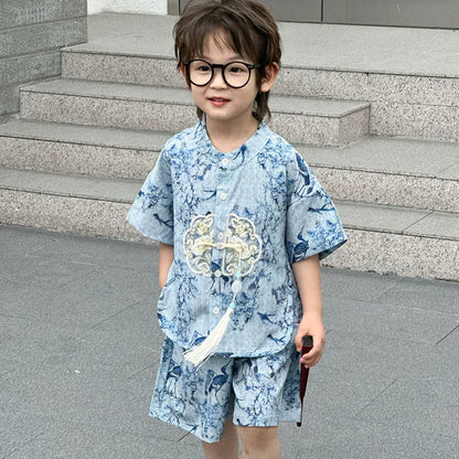 Short Sleeve Tops Shorts 2 Piece Set Boy Outfit Casual Kids Clothes Baby Tang Hanfu Suit Boys Costume Children's Sets Summer
