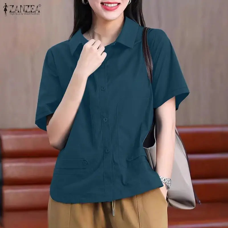ZANZEA Summer Short Sleeves Woman Shirts Turn-Down Collar Pockets Button Up Casual Chic Tops Fashion Solid Color Chemises Femme