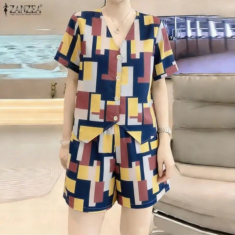 Fashion Summer 2 Pieces Sets 2026 ZANZEA Printed Tracksuit Women V Neck Short Sleeve Blouse Short Sets Casual Holiday Outfits