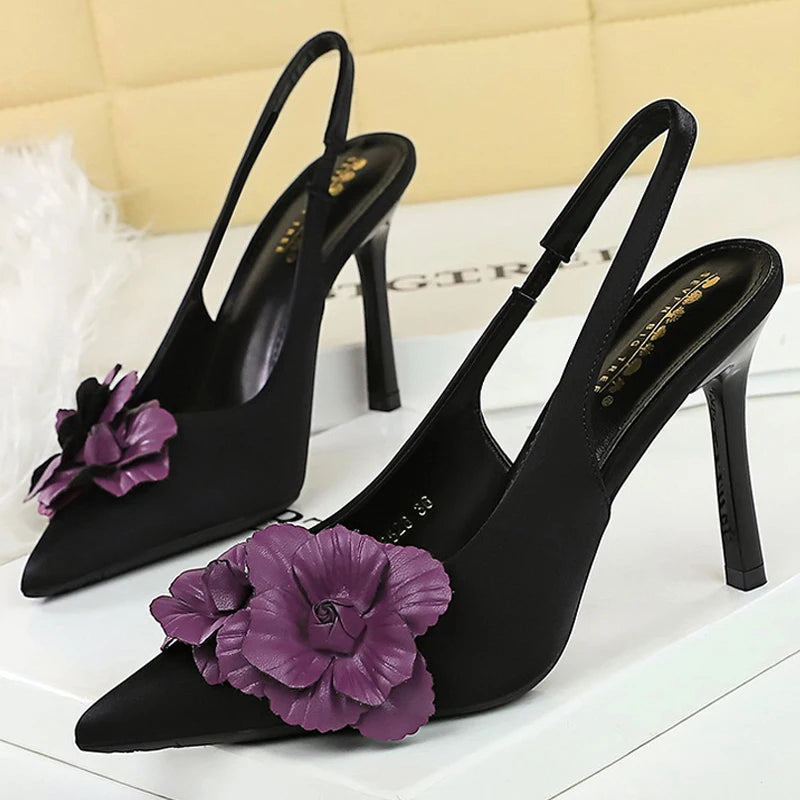 BIGTREE Shoes Color Blocked Flowers Women Pumps Silks Satins High Heels Hollow Out Hook Strap High Heeled Sandals Stiletto Heels