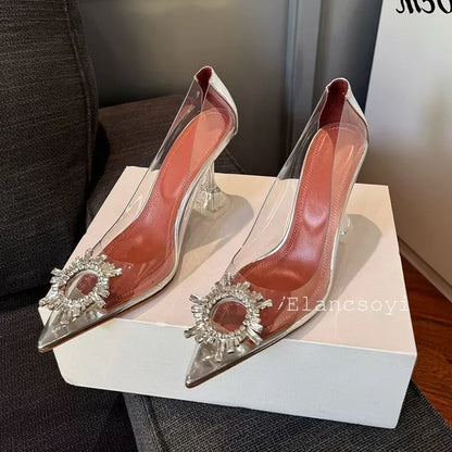 Summer Crystal Flower High Heels Women Transparent PVC Cup Heels Sandals Pointed Toe Back Strap Sandalias Sexy Party Dress Shoes