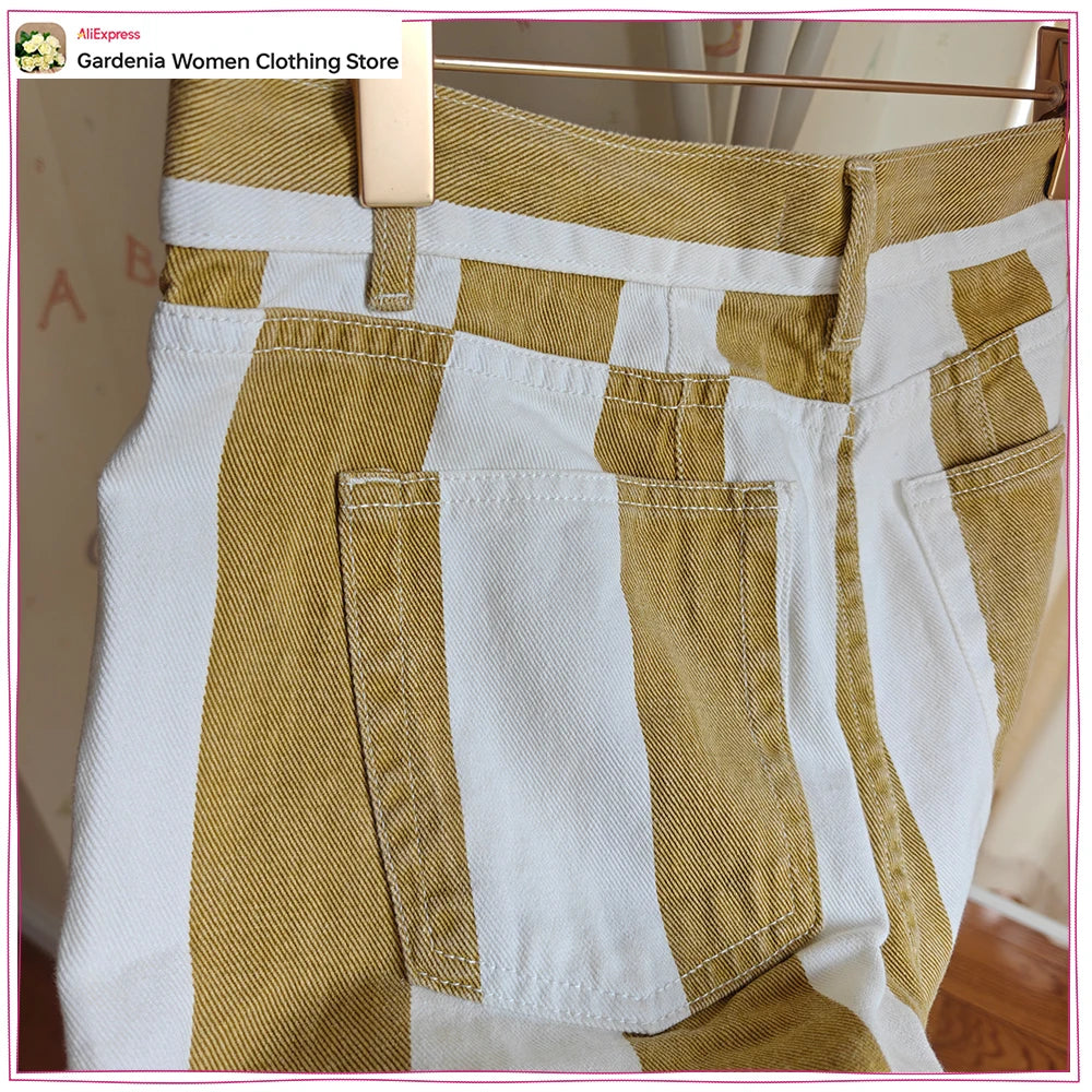 Fashion High-rise Striped Jeans for Women New in Tapered Jeans with Contrasting Stripes Stylish Cowgirls Pants with Five-pockets
