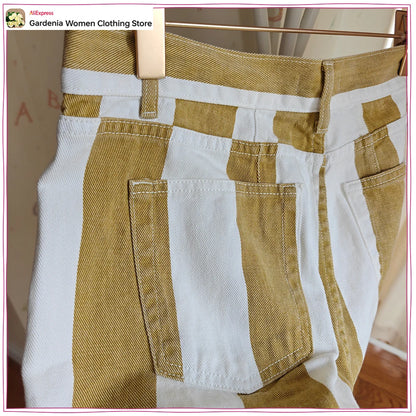Fashion High-rise Striped Jeans for Women New in Tapered Jeans with Contrasting Stripes Stylish Cowgirls Pants with Five-pockets