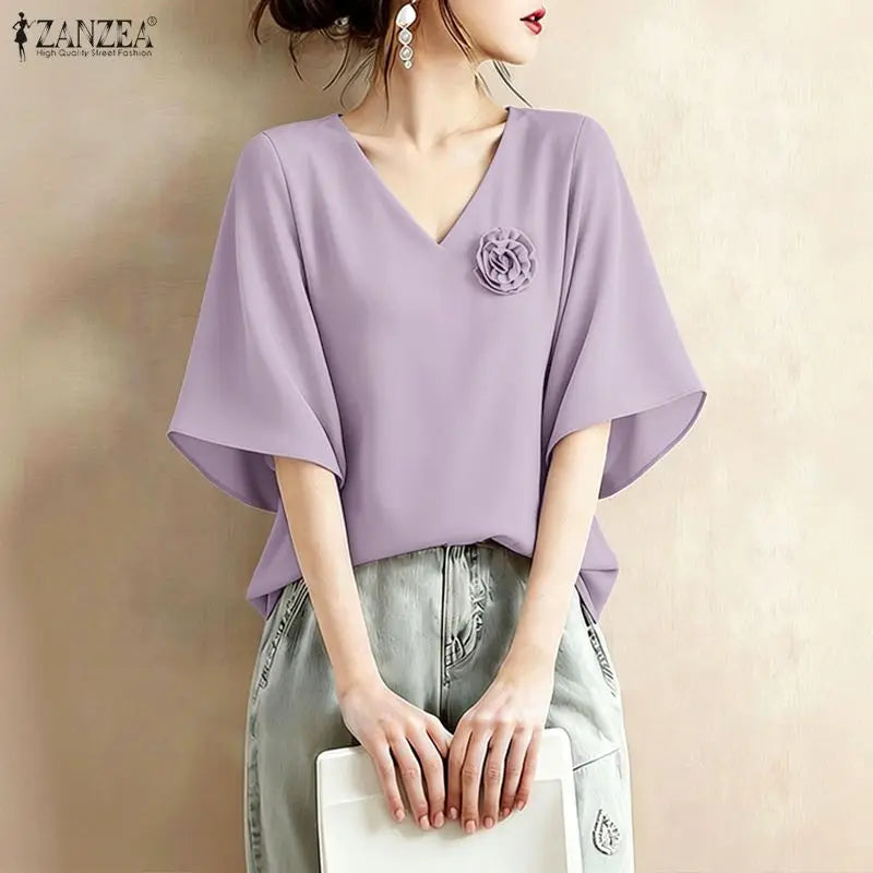 ZANZEA Elegant Fabric Flower Blouses Women V-Neck Half Bell Sleeves Solid Color Loose Tops Summer Daily Casual Blusas de Mujer