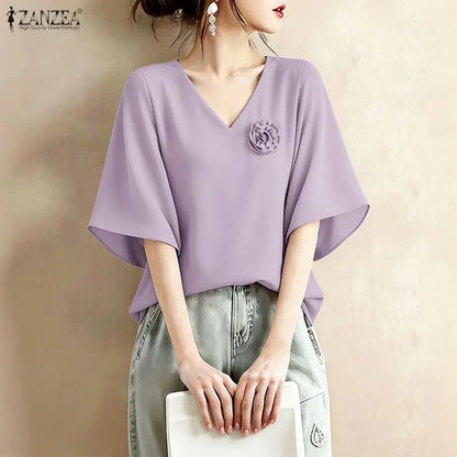 ZANZEA Elegant Fabric Flower Blouses Women V-Neck Half Bell Sleeves Solid Color Loose Tops Summer Daily Casual Blusas de Mujer