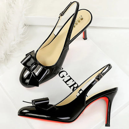 BIGTREE Shoes Round-toe Women Pumps Patent Leather High Heels Bowknot Women Heels Stiletto 8 cm Buckle High-heeled Sandals Lady