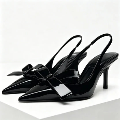 Black Sexy Pointed Toe Thin High Heels Women Fashion Bow Open Toe Heeled Sandals Banquet Dress Shoe Luxury Designer Women Pumps