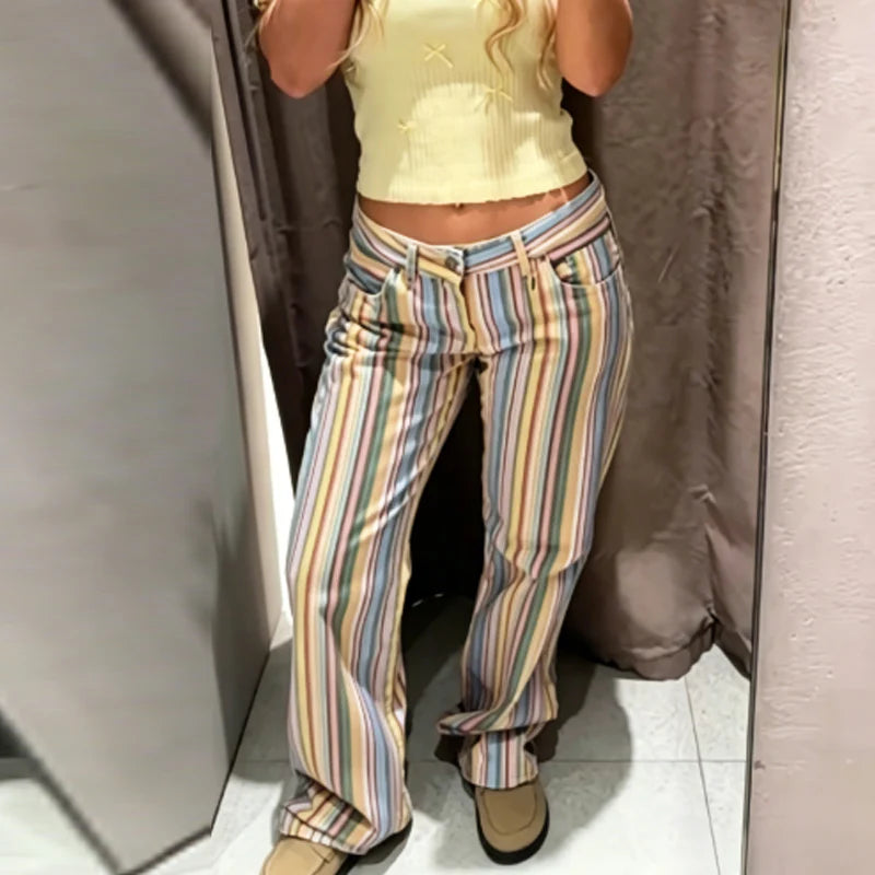 HXAO Rainbow Striped Jeans Women's Pants Spring 2026 Casual Straight Leg Mid-Waisted Trousers Fashion Streetwear Pants For Women