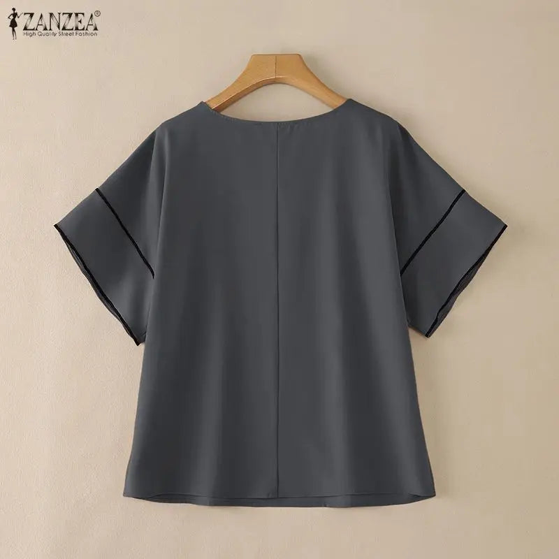 ZANZEA Women's Casual Loose Boatneck Blouses Short Sleeve Contrast-Trim Solid Color Tops Minimalist Fashion Blusas de Mujer