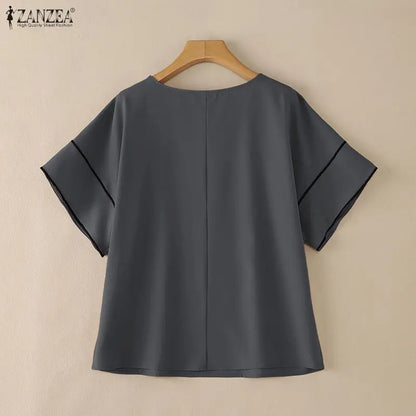 ZANZEA Women's Casual Loose Boatneck Blouses Short Sleeve Contrast-Trim Solid Color Tops Minimalist Fashion Blusas de Mujer