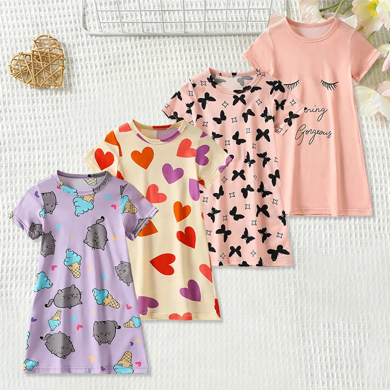 Girl's summer cute printed fashionable dress, comfortable round neck knee length skirt, cartoon casual home skirt, nightgown