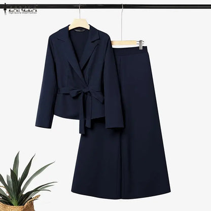 ZANZEA Women Pant Sets Elegant Office Wide Leg Pants Suit Long Sleeve Belted Solid Matching Sets Two-piece Outfits 2PCS