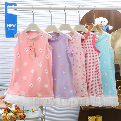 Summer Toddler Girl Dress Flowers Cotton Sleeveless Children Dress Lace Trim Kids Sundress Slip Dress Fashion Girls Clothing