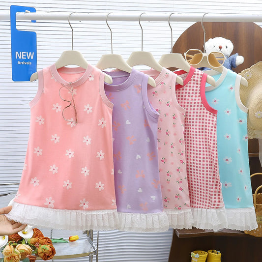Summer Toddler Girl Dress Flowers Cotton Sleeveless Children Dress Lace Trim Kids Sundress Slip Dress Fashion Girls Clothing