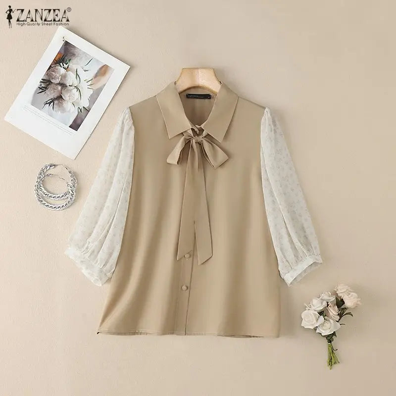 ZANZEA Elegant Women's Contrast-Color Shirts Floral Printed Puff Sleeve Bowtie Collared Casual Tops Summer Woman Clothes S-3XL