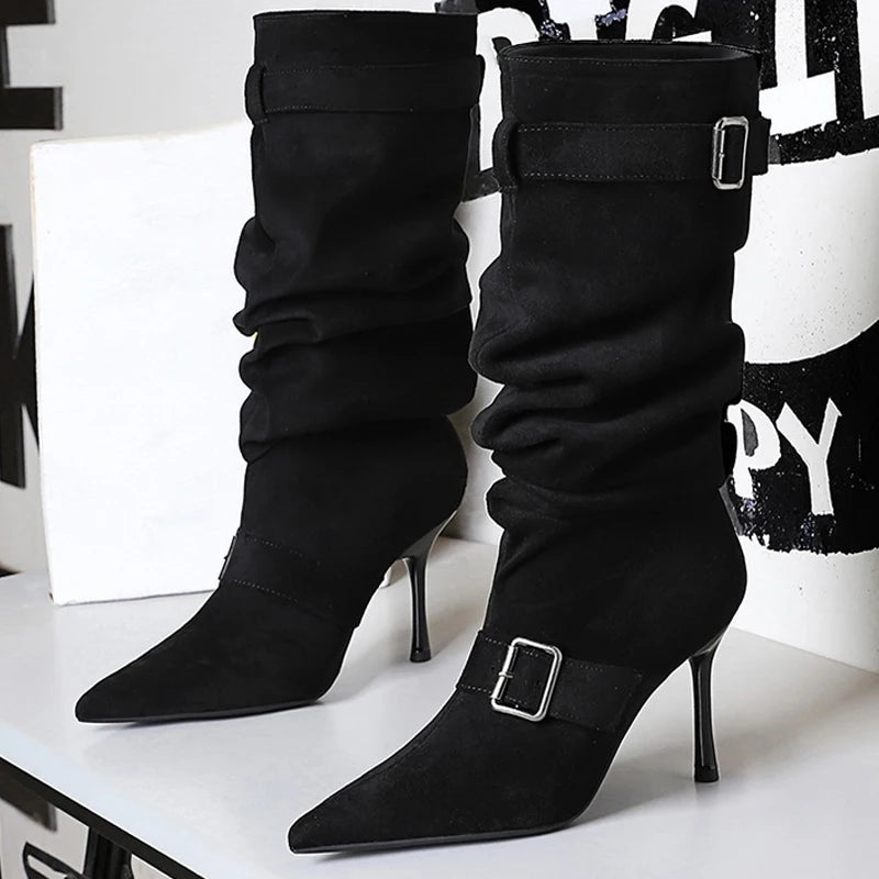 BIGTREE Shoes 2026 Pointed Women Mid-Calf Boots Pleated Belt Buckle Design Women Boots Stiletto Heels 9 cm Sexy High-heeled Boot