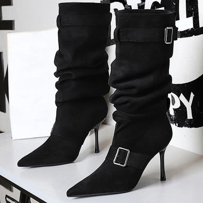 BIGTREE Shoes 2026 Pointed Women Mid-Calf Boots Pleated Belt Buckle Design Women Boots Stiletto Heels 9 cm Sexy High-heeled Boot