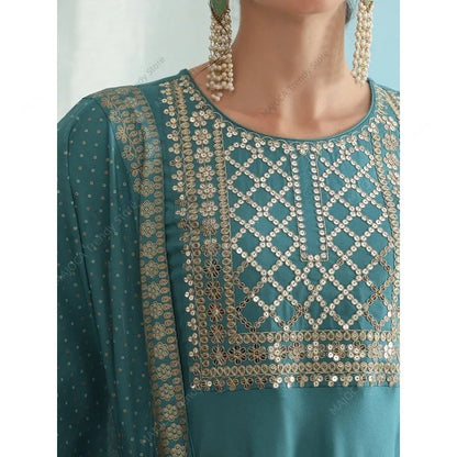 Peacock Blue Indian Women 3 Piece Set Embroidered Anarkali Kurta Pant with Dupatta Rayon Ethnic Pakistani Suit Party Wear