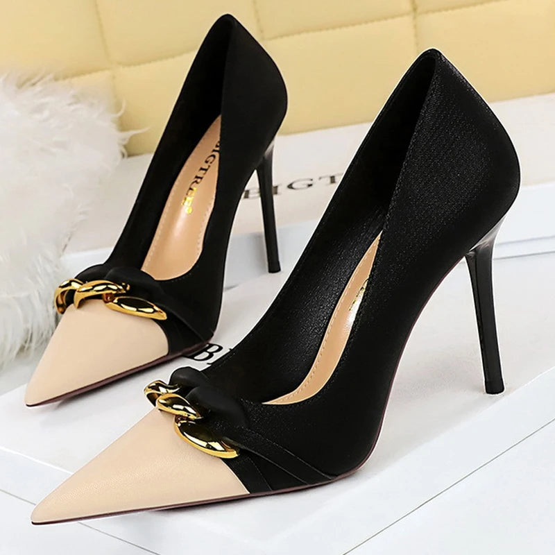 BIGTREE Shoes Women Pumps Metal Chain Decoration High Heels Mixed Colors Pointed Stilettos Lady Heels Party Shoes Female Pumps
