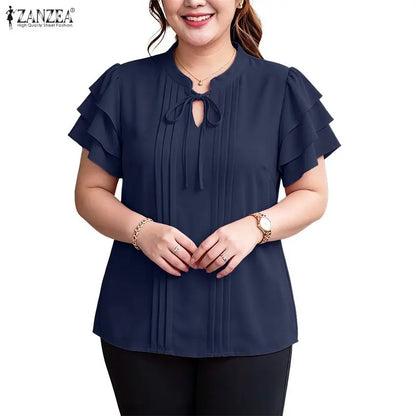 ZANZEA 2026 Woman Elegant Blouses Tie Neck Layered Ruffles Sleeves Pintuck Solid Tops Summer Casual Daily Wear Blusas Mujer 3XL
