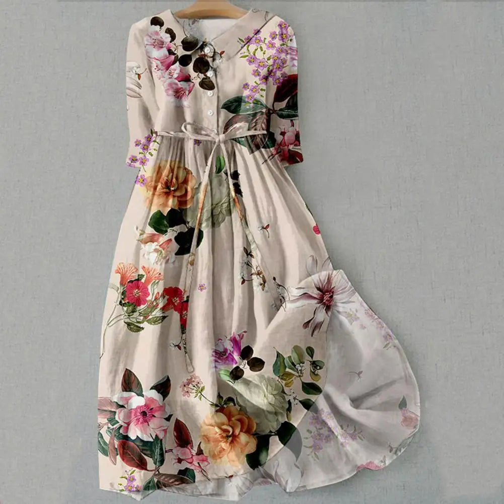 A-line Dress Bohemian Floral Print Midi Dress with Lace-up Detail A-line Silhouette for Women Spring Fashion Statement Women