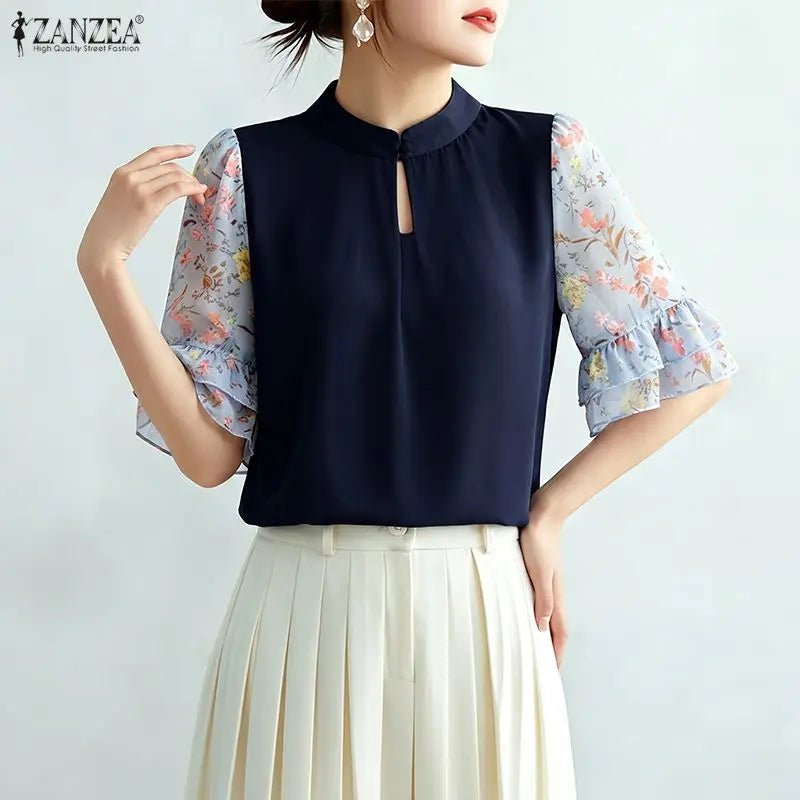 ZANZEA Women's Vintage Mandarin Collar Blouses Floral Chiffon Half Flare Sleeve Patchwork Tops Elegant Casual Blusas de Mujer