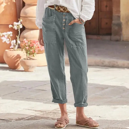 Women's Trousers Loose Solid Color Cotton Linen Button Pocket Breathable Basic Street Fashion Casual Pants