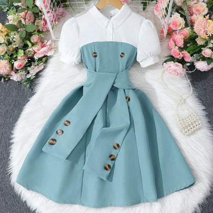 New Khaki Girl Dress Summer Casual Vacation Children Dresses Fashion Elegant Retro British Girls Party Dress 7 8 9 10 11 12 Yrs
