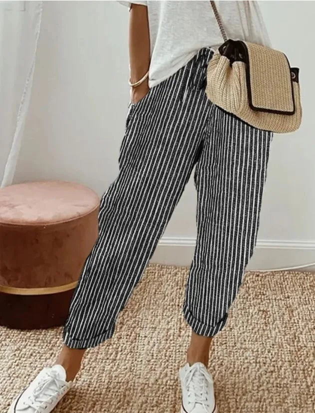European and American Cross border Women's Summer New Fashionable Loose Stripe Printed Elastic Waist Drawstring Casual Pants