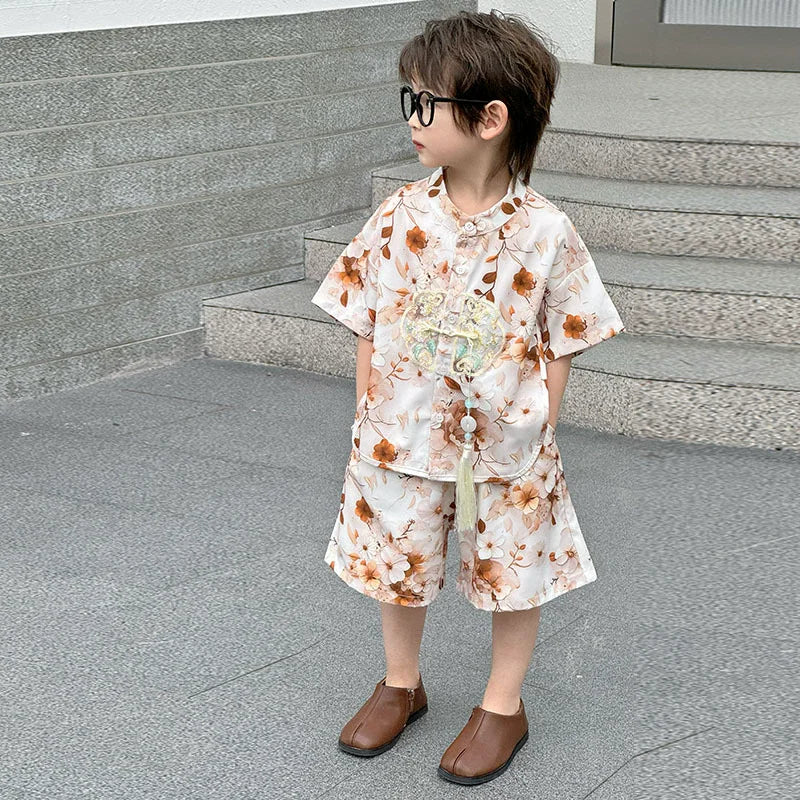 Short Sleeve Tops Shorts 2 Piece Set Boy Outfit Casual Kids Clothes Baby Tang Hanfu Suit Boys Costume Children's Sets Summer