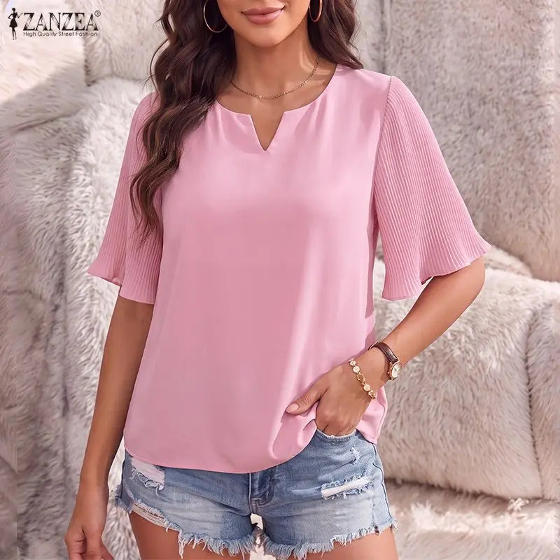 ZANZEA Woman Elegant Pleated Half Sleeves Patchwork Blouses V-Neck Solid Color Tops 2026 Summer Office Work Commute Blusas Mujer