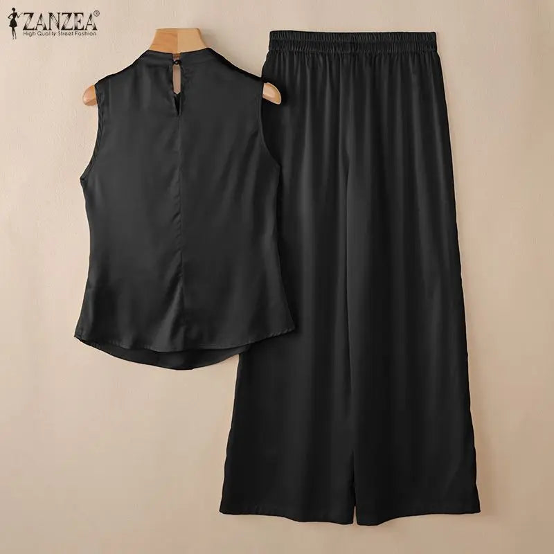 ZANZEA Summer Office Outfits Women Elegant Swing Neck Sleeveless Tanks Tops Pant Sets Fashion OL Work Satin Tracksuit 2 Pieces