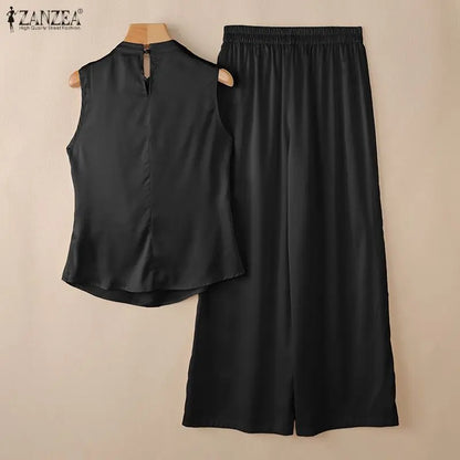 ZANZEA Summer Office Outfits Women Elegant Swing Neck Sleeveless Tanks Tops Pant Sets Fashion OL Work Satin Tracksuit 2 Pieces