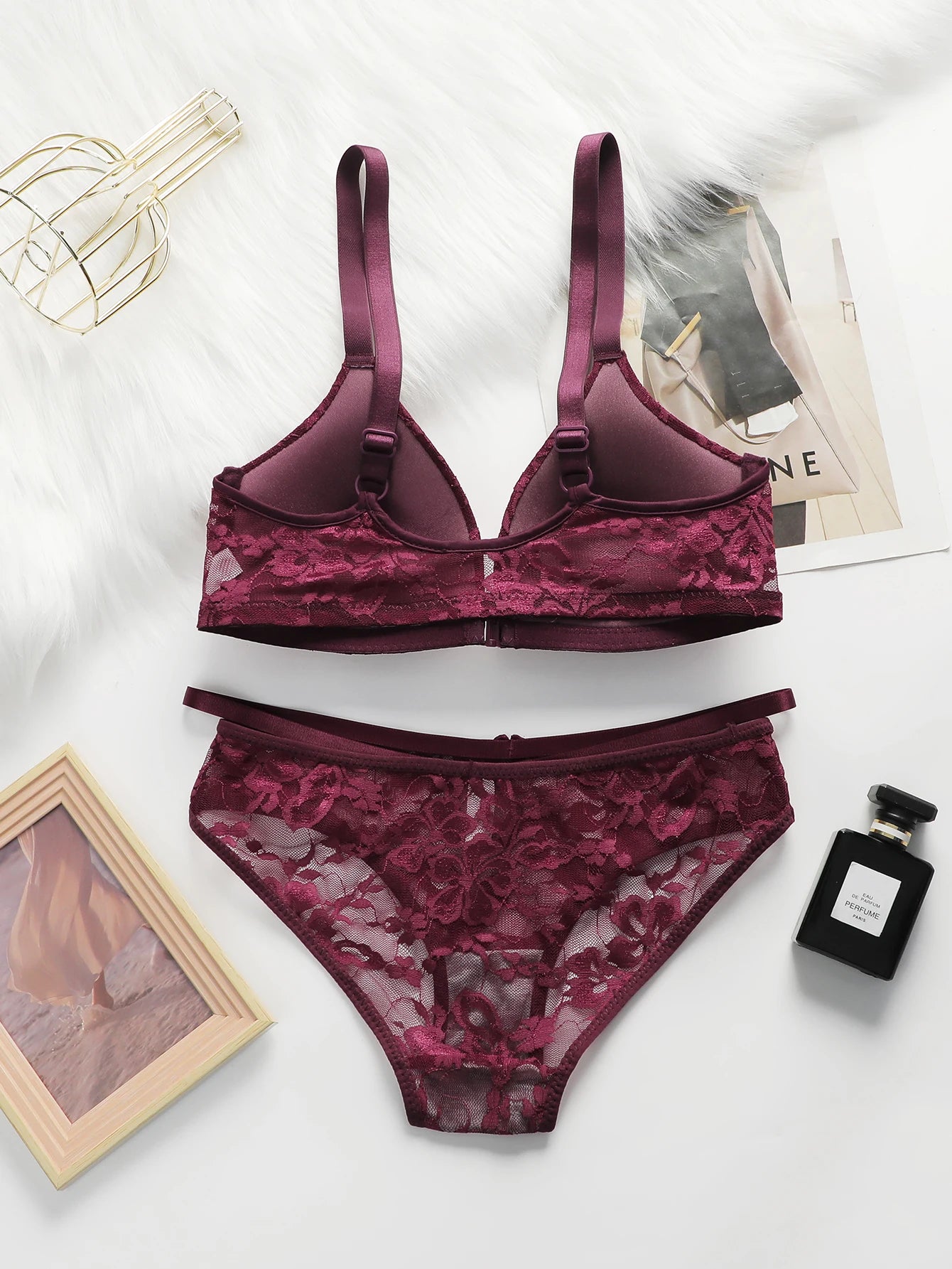 Women Sheer Lace Bra Set Front Hook Closure Wireless V Neck Brassiere Burgundy Floral Lace Underwear Panties Suit Sexy Lingerie