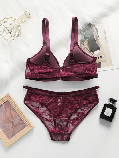 Women Sheer Lace Bra Set Front Hook Closure Wireless V Neck Brassiere Burgundy Floral Lace Underwear Panties Suit Sexy Lingerie