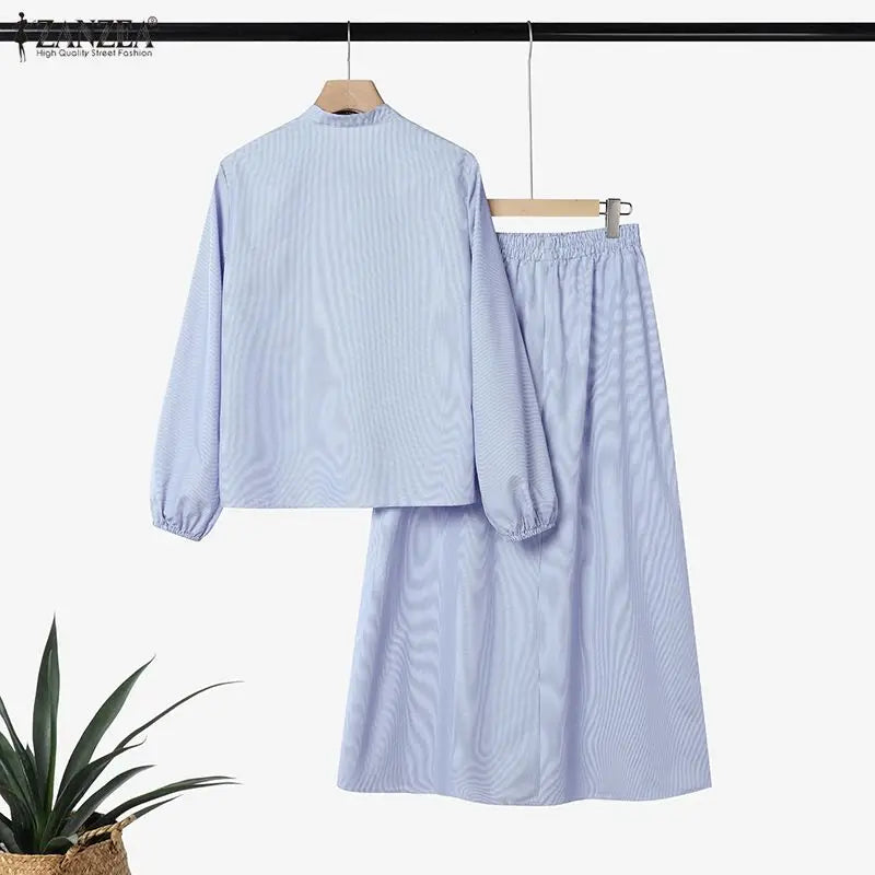 ZANZEA Women's Loose Striped Skirt Suits Long Sleeve Shirt & A-Line Long Skirt 2 Pieces Sets Female Muslim Fashion Casual Outfit