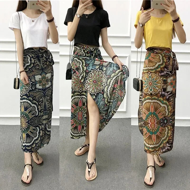 Summer Beach Floral Skirt for Women Cotton High Waist Wrap Maxi Skirt Long with Side Slit & Tie Detail Boho Style Design