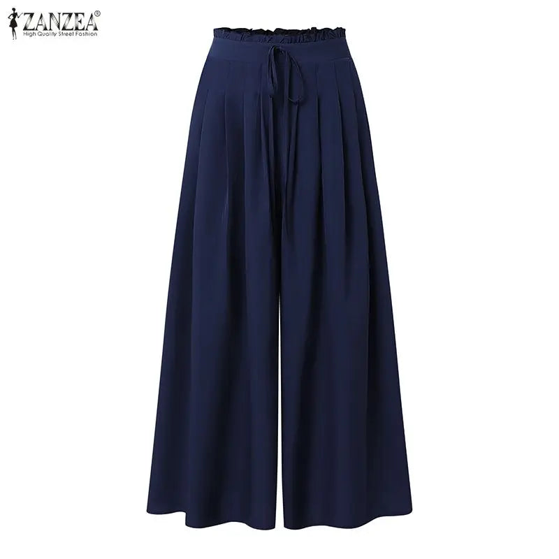 Fashion Summer Autumn Women Pants ZANZEA Wide Leg Pant Solid Pleated Long Trousers Elastic Waist Streetwear Oversize S-3XL