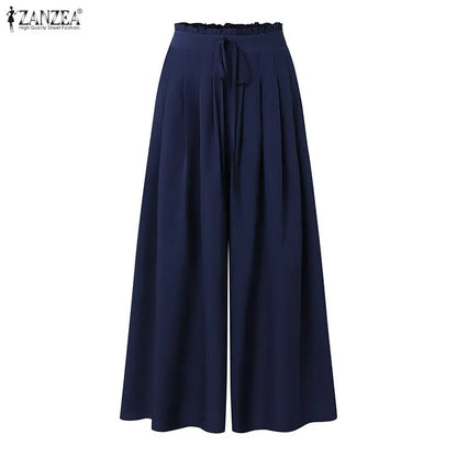 Fashion Summer Autumn Women Pants ZANZEA Wide Leg Pant Solid Pleated Long Trousers Elastic Waist Streetwear Oversize S-3XL
