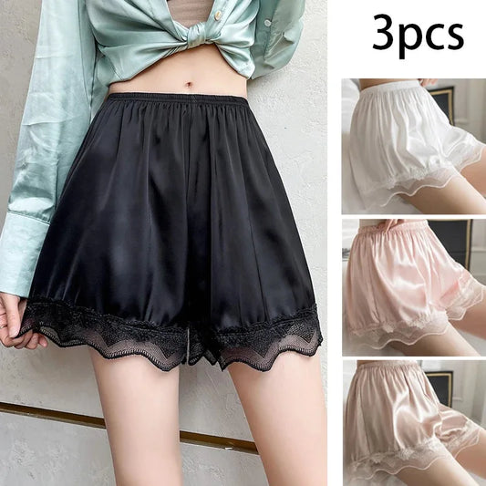 3pcs Women's Summer Lace Underwear Female Thin Soft Satin Knickers In Loose Safety Pants Lady Ice Silk Comfort Home Shorts