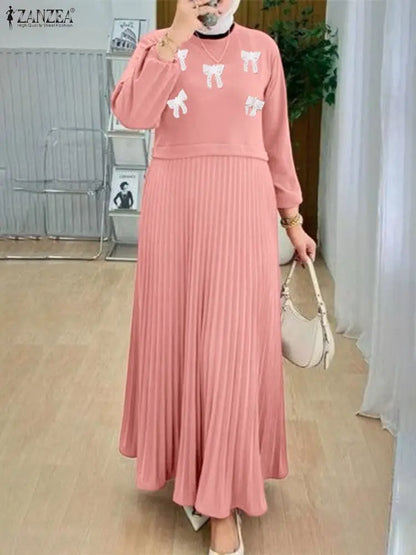 2026 Fashion Muslim Abaya Dress ZANZEA Women Elegant Long Sleeve Patchwork Party Dress Dubai Robe Spring A Line Pleated Sundress