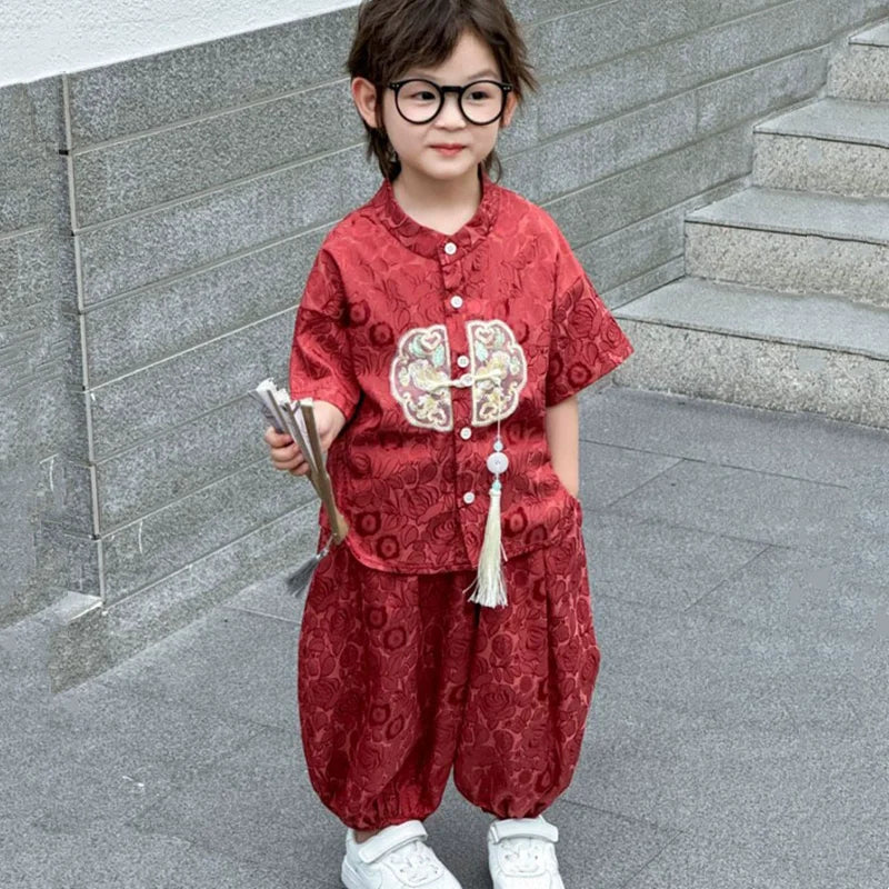 Short Sleeve Tops Shorts 2 Piece Set Boy Outfit Casual Kids Clothes Baby Tang Hanfu Suit Boys Costume Children's Sets Summer