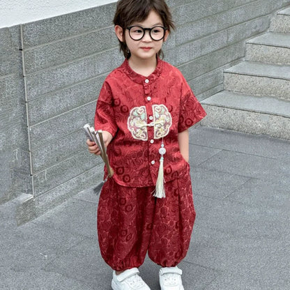 Short Sleeve Tops Shorts 2 Piece Set Boy Outfit Casual Kids Clothes Baby Tang Hanfu Suit Boys Costume Children's Sets Summer