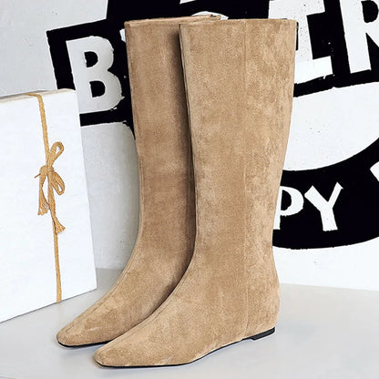Fashion Women Knee-high Boots Rear Zipper Design High Boots Wedges Long Boots Autumn Winter Shoes Suede Square Head Women Boots