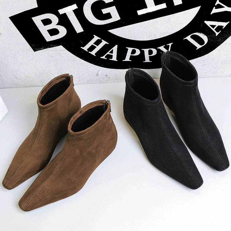 BIGTREE Shoes Women's Boots Rear Zipper Women's Ankle Boots Suede Square Head Wedges Boots Fashion Short Boots Botas Mujer